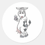 silly cow drinking milk round stickers