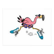 silly cute jogging running flamingo postcard