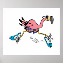 silly cute jogging running flamingo posters