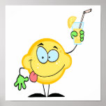 silly cute lemon cartoon drinking lemonade posters