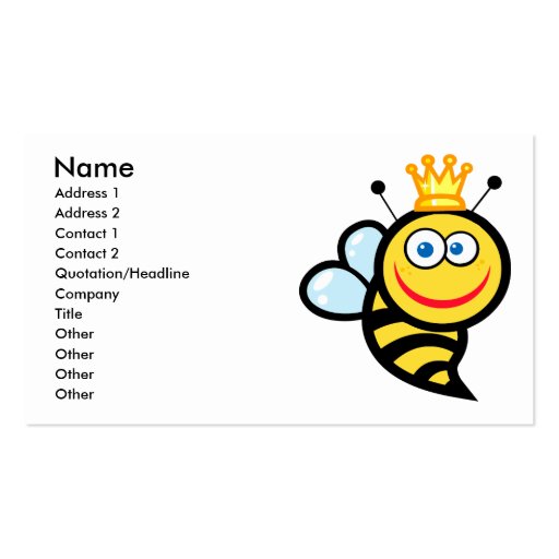 silly cute smiling queen bee cartoon business card templates (front side)