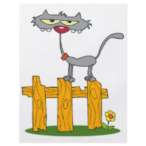 silly gray cat standing on a fence cartoon flyers