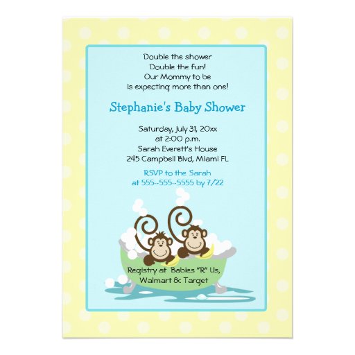 Silly Monkeys in Tub Twins Baby Shower - Yellow Personalized Invite