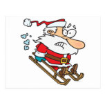 silly scared santa on a sled cartoon postcards