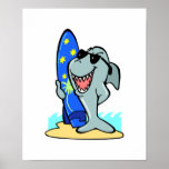 silly shark with surfboard posters