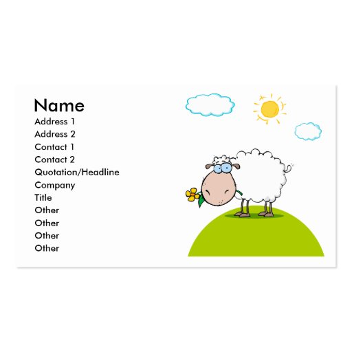 silly sheep on a hill with a flower business card (front side)