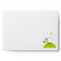 silly sheep on a hill with a flower envelopes