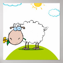 silly sheep on a hill with a flower poster