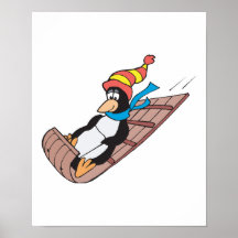 silly sledding penguin poster