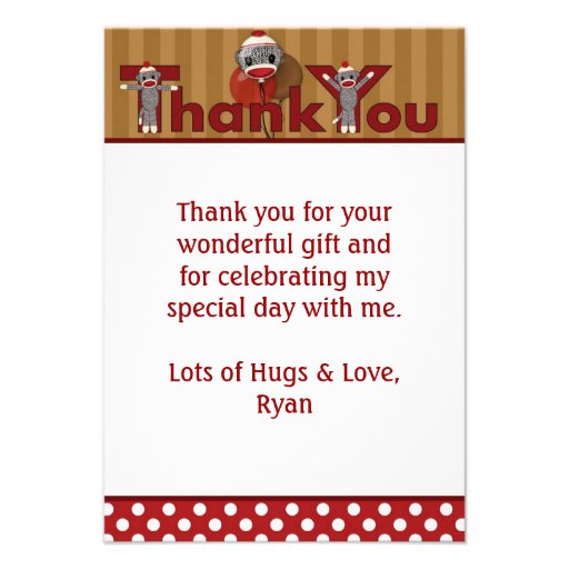 Silly SOCK MONKEY Thank You 3.5"x5" (FLAT style) Personalized Invites