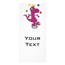 silly t-rex dino juggling on unicycle cartoon rack card template