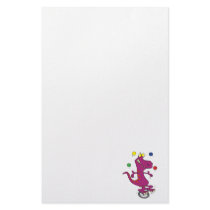 silly t-rex dino juggling on unicycle cartoon stationery design