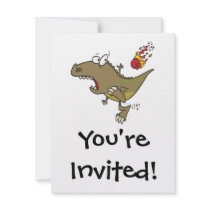 silly t-rex dinosaur dodging meteor cartoon custom invite