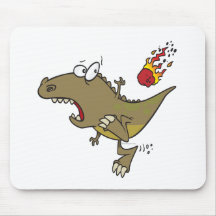 silly t-rex dinosaur dodging meteor cartoon mousepad