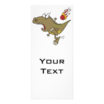 silly t-rex dinosaur dodging meteor cartoon rack card