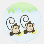 SILLY TWIN MONKEYS Envelope Seals - Blue Round Sticker