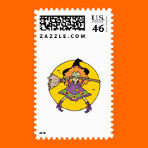 silly wicked witch with broomstick postage