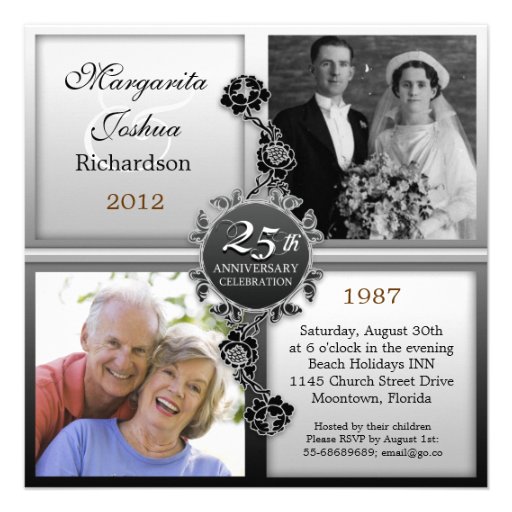 silver 25th wedding anniversary photos invitations (front side)
