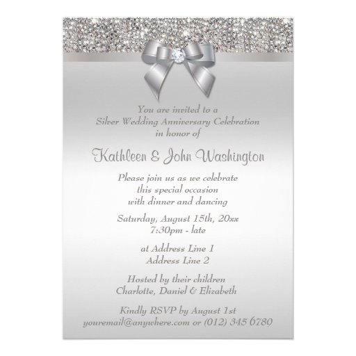 Silver 25th Wedding Anniversary Sequins and Bow Custom Invite