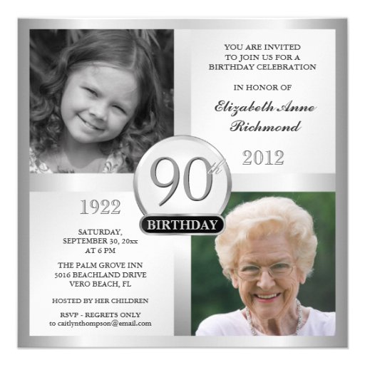 Silver 90th Birthday Invitations Then & Now Photos (front side)