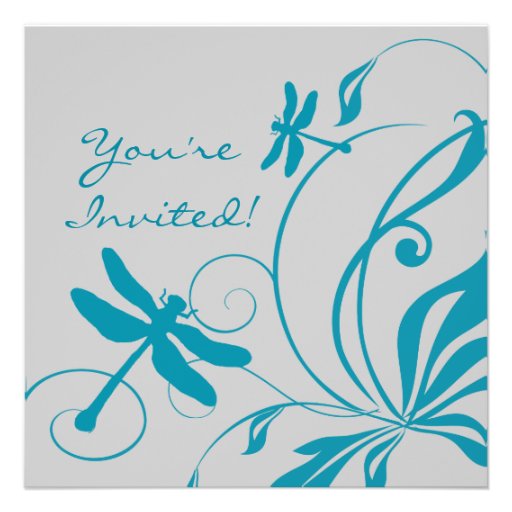 Silver and Aqua Blue Dragonfly Wedding Invitation