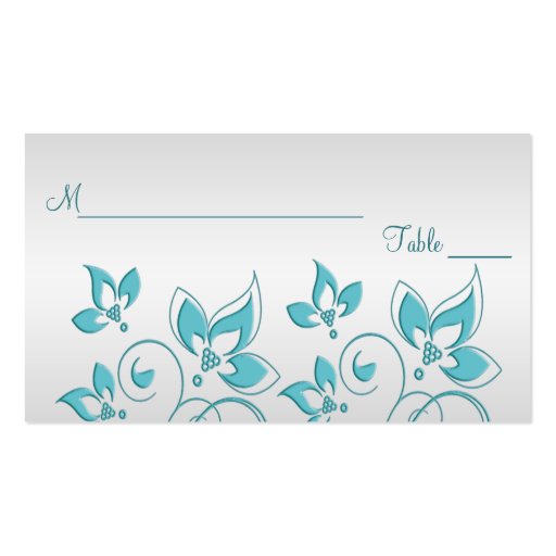 Silver and Aqua Floral Placecards Business Card Template (front side)