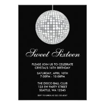 Silver and Black Disco Ball Sweet Sixteen Birthday Custom Invites