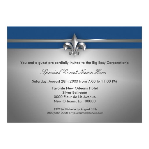 Silver and Blue Fleur de Lis Event Personalized Invites