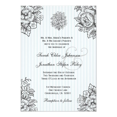 Silver &Blue Vintage Flowers Wedding Invitation