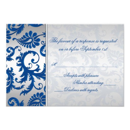 Silver and Cobalt Blue Damask Reply Card Custom Invites