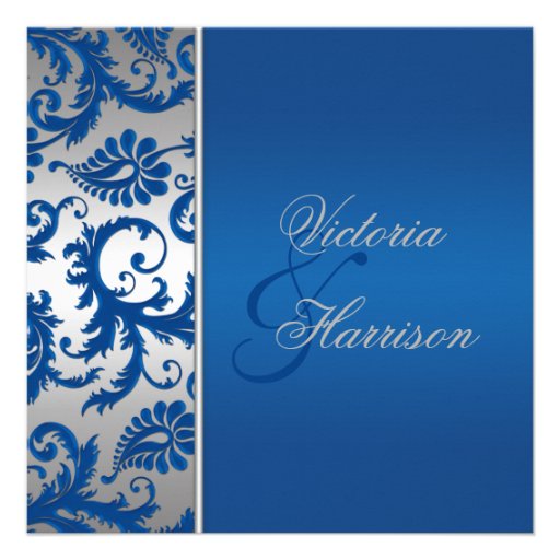 Silver and Cobalt Blue Damask Wedding Invitation