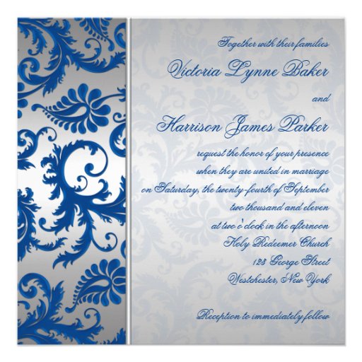 Silver and Cobalt Blue Damask Wedding Invitation