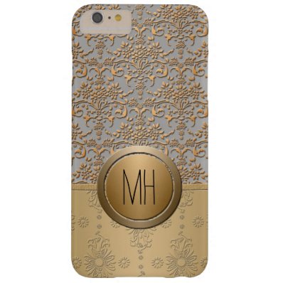 Silver and Gold Damask Custom Monogram Pattern Barely There iPhone 6 Plus Case