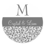 SILVER and GRAY Damask Wedding Monogram Sticker