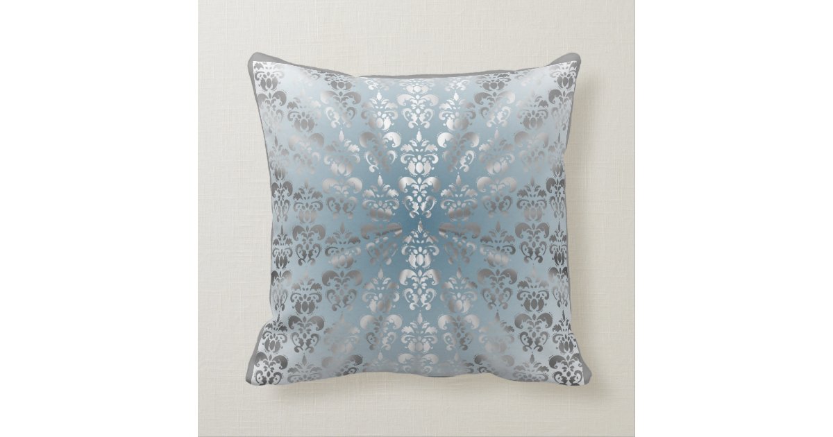 Silver and grey/blue damask throw pillow Zazzle