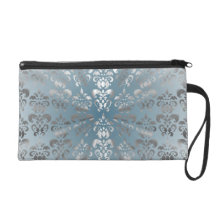 Silver and grey/blue damask wristlet clutches