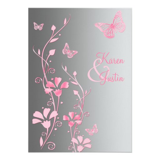 Silver and Pink Butterflies Wedding Invitation