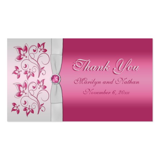 Silver and Pink Floral Wedding Favor Tag Business Card Template (front side)
