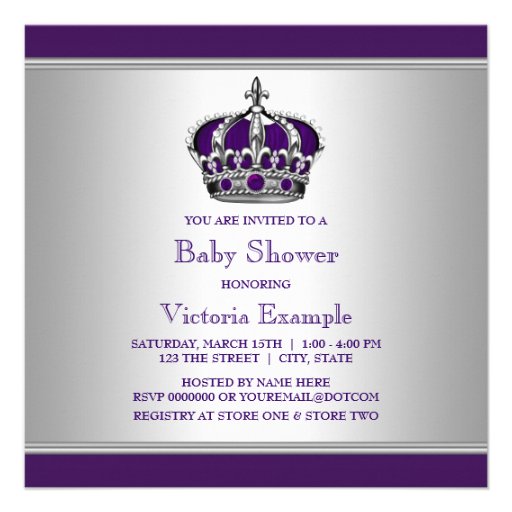 Silver and Purple Crown Little Prince Baby Shower Custom Invitations