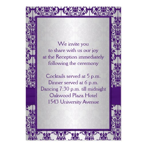 Silver and Purple Damask Enclosure Card Business Card Templates (back side)