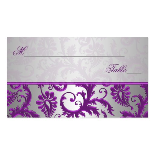 Silver and Purple Damask II Place Cards Business Card Templates (front side)