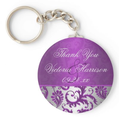 Silver and Purple Damask II Wedding Favor Keychain by NiteOwlStudio