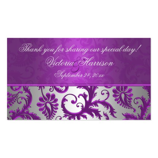 Silver and Purple Damask II Wedding Favor Tag Business Card Templates (front side)