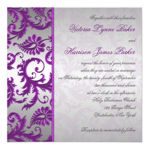 Silver and Purple Damask II Wedding Invitation
