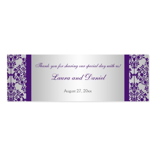 Silver and Purple Damask Wedding Favor Tag Business Card Template (front side)