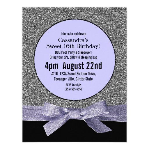Silver and Purple Faux Glitter Girly Party Announcements