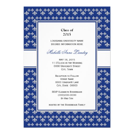 Silver and Royal Blue Fleur de Lis Graduation Card