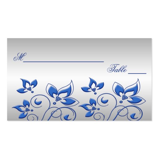 Silver and Royal Blue Floral Placecards Business Cards (front side)