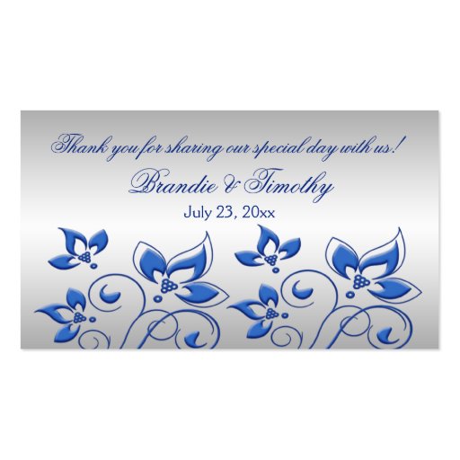 Silver and Royal Blue Floral Wedding Favor Tag Business Card Template (front side)