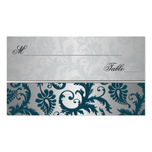 Silver and Teal Damask II Place Cards Business Card Templates (front side)